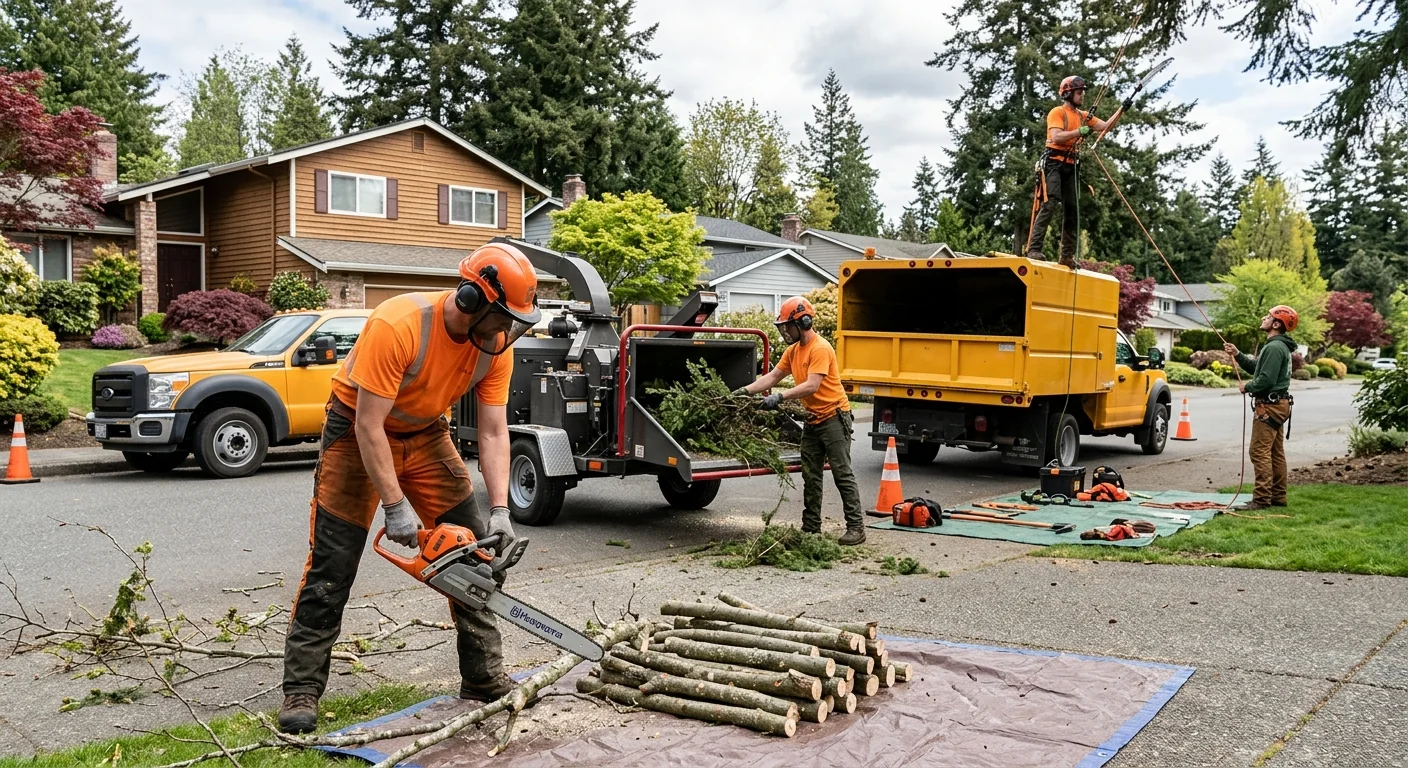 Crew clearing dense brush and undergrowth from a Shoreline residential property