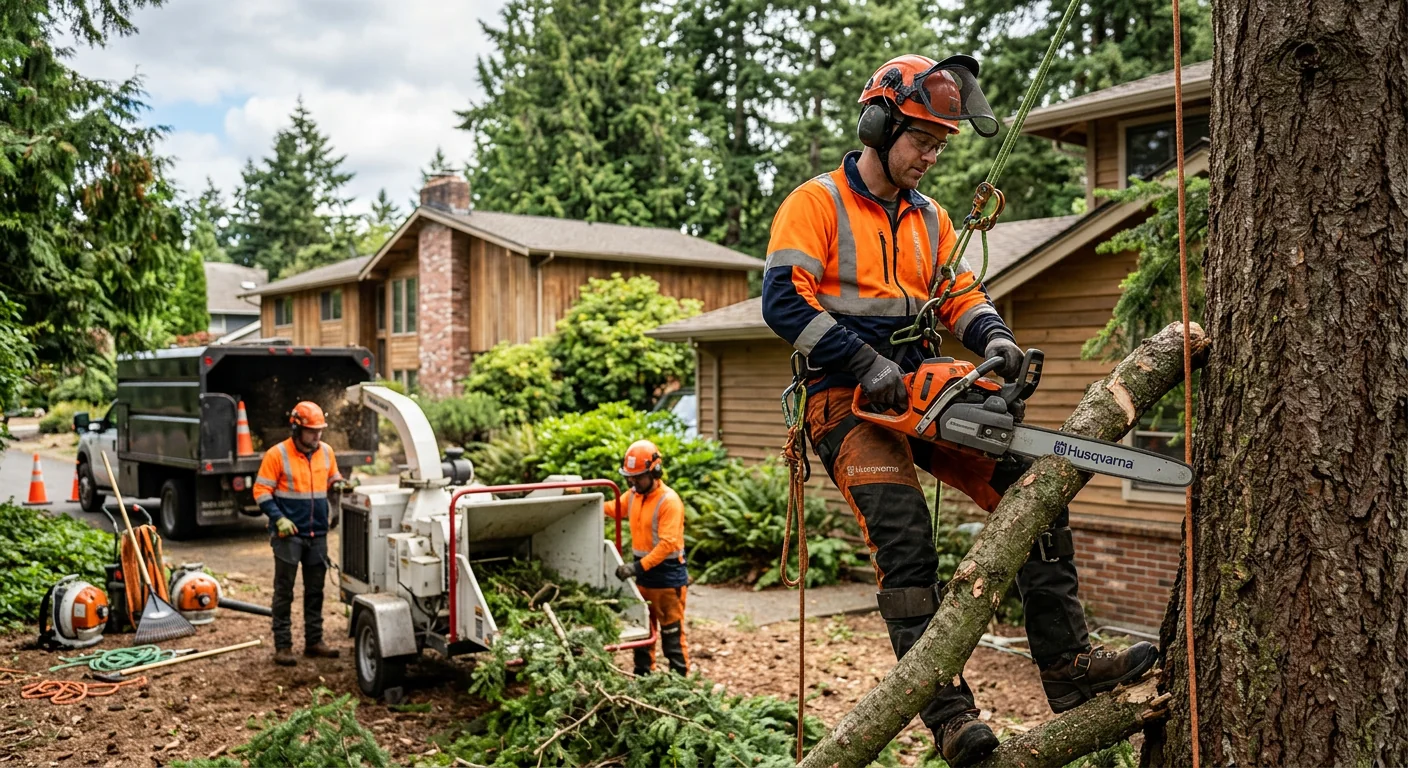Crew clearing dense understory brush from a residential Shoreline property line
