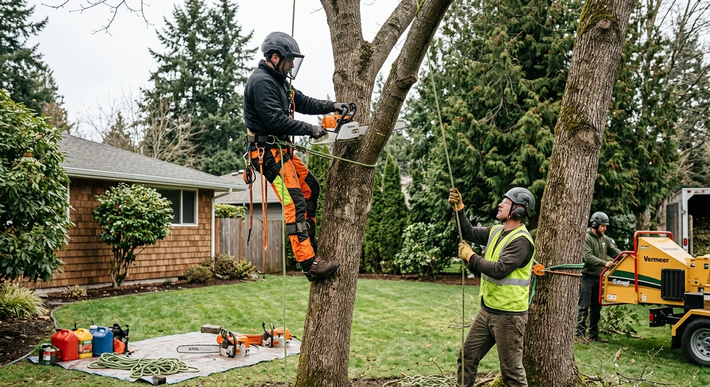 Crew clearing dense brush and chipping debris on a Shoreline residential lot