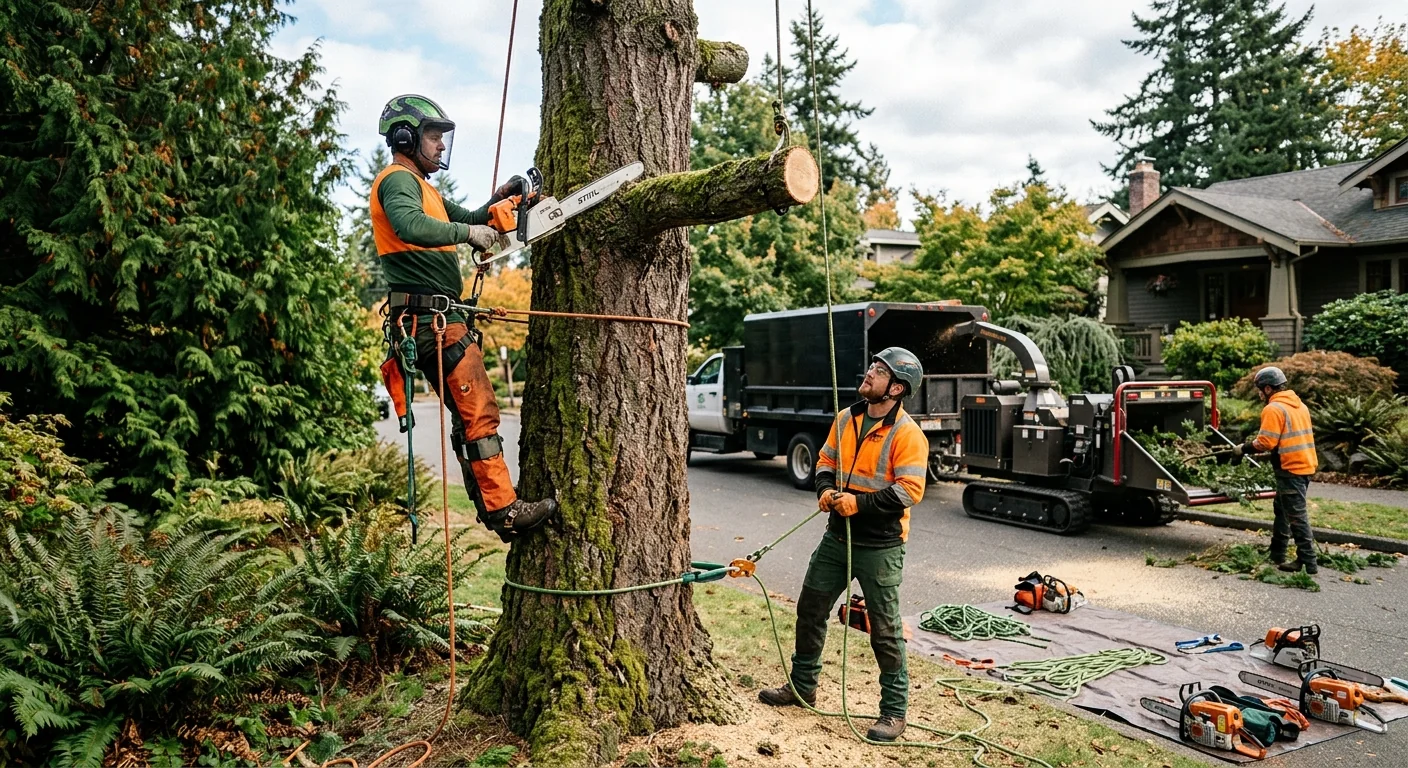 Arborist reviewing crane removal cost factors beside a large tree in Shoreline