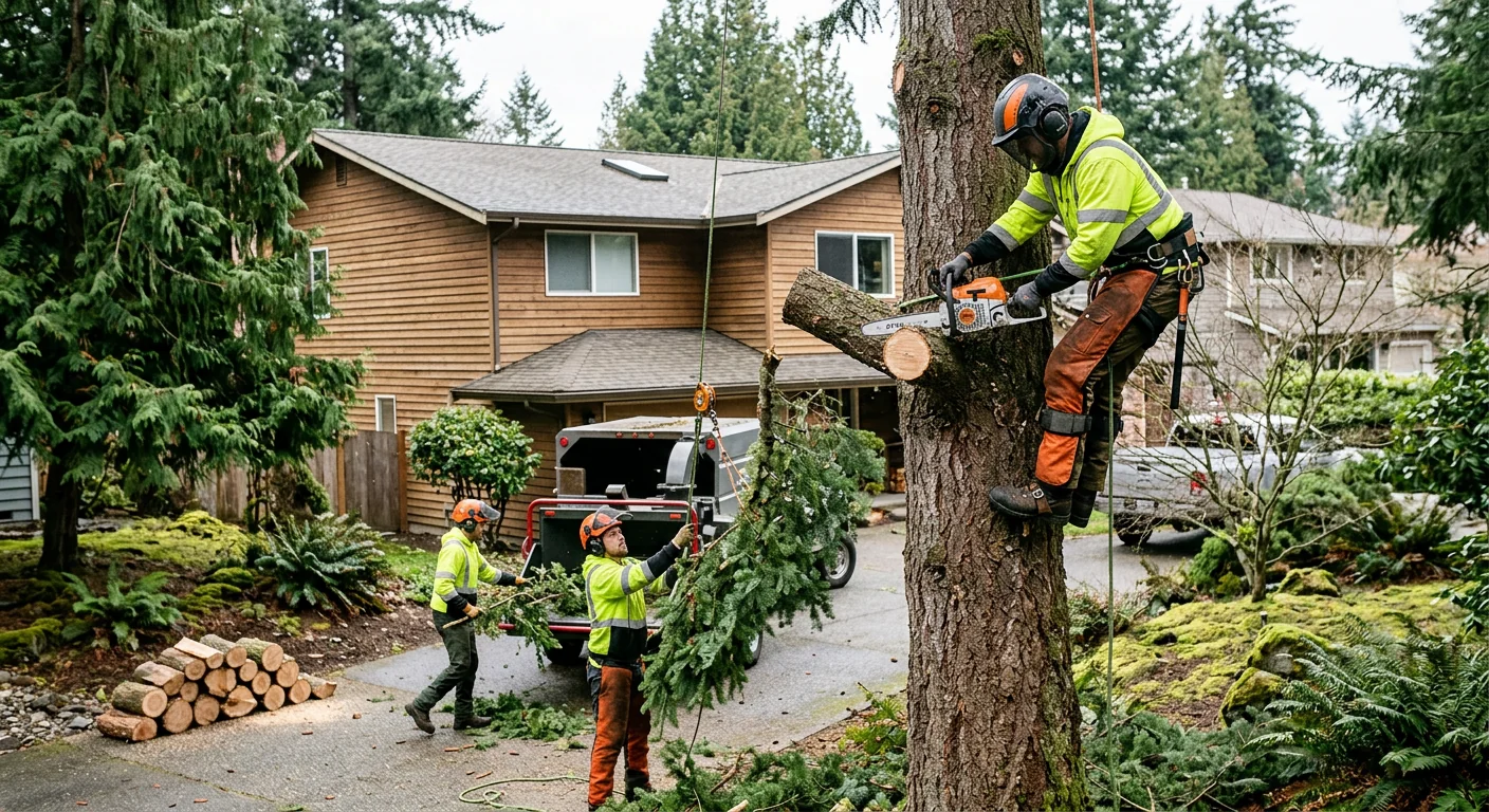 Crane lifting a large tree section during removal in a Shoreline neighborhood