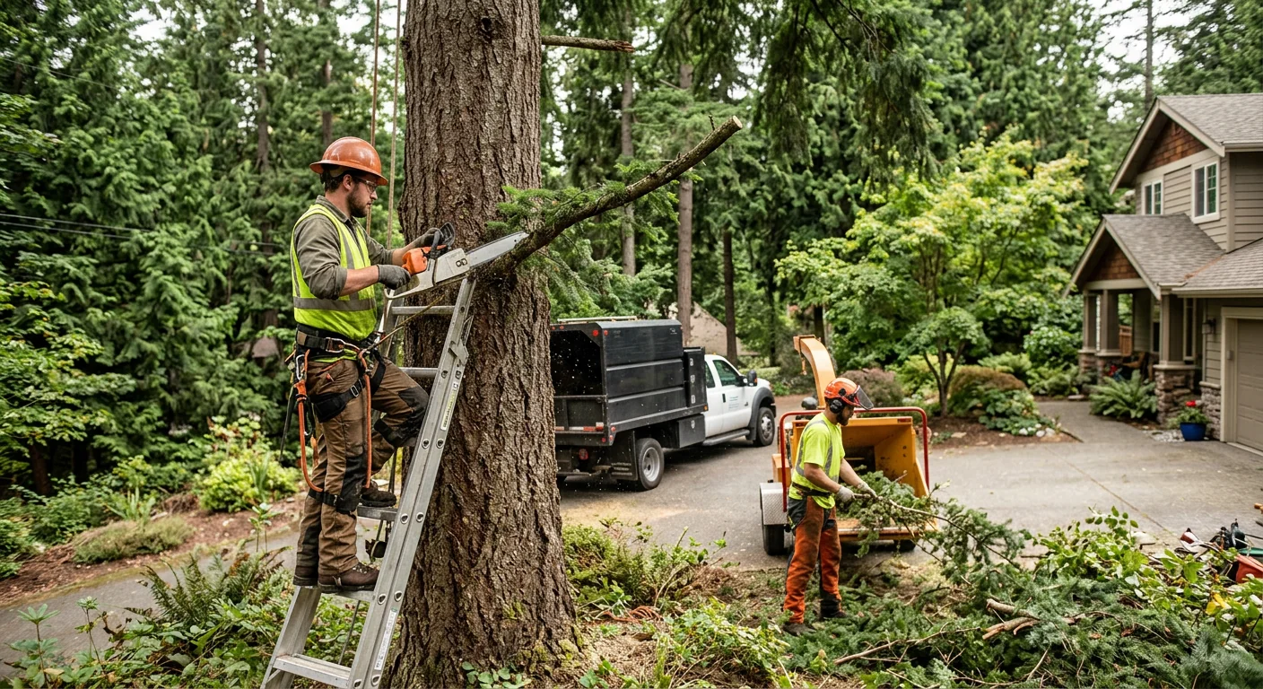 Mobile crane lifting a sectioned tree over a residential Shoreline property