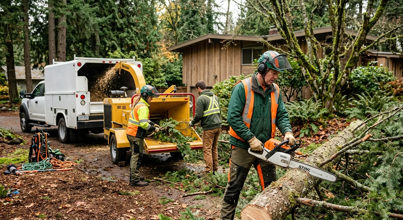 Crane lifting a large tree section from a residential Shoreline property during removal