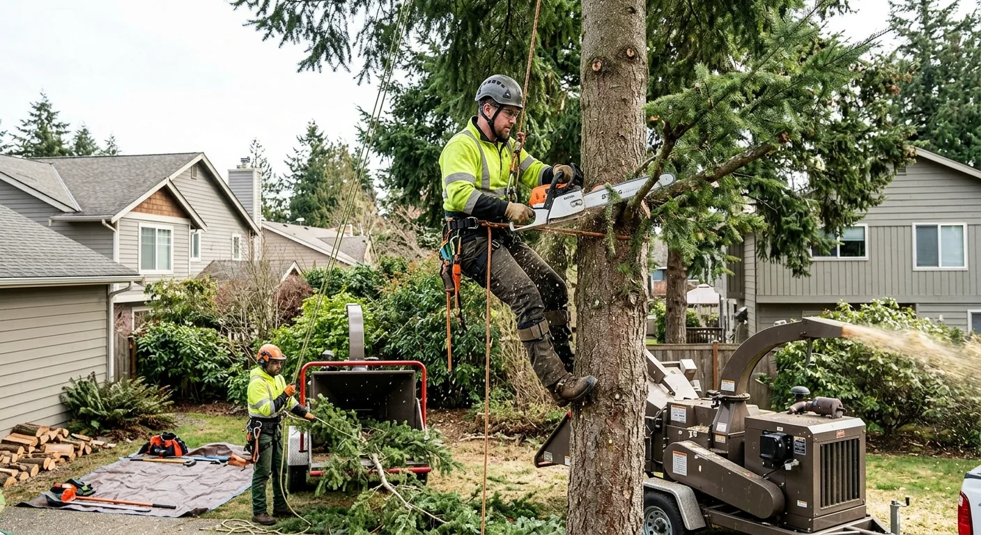 Crane-assisted removal of a large fallen tree beside a Shoreline residential property