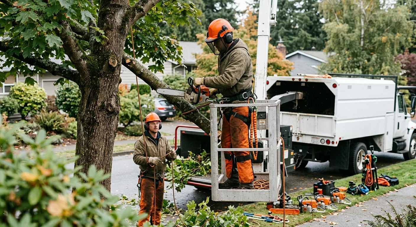 Emergency tree crew clearing storm-damaged limbs from a Shoreline property driveway