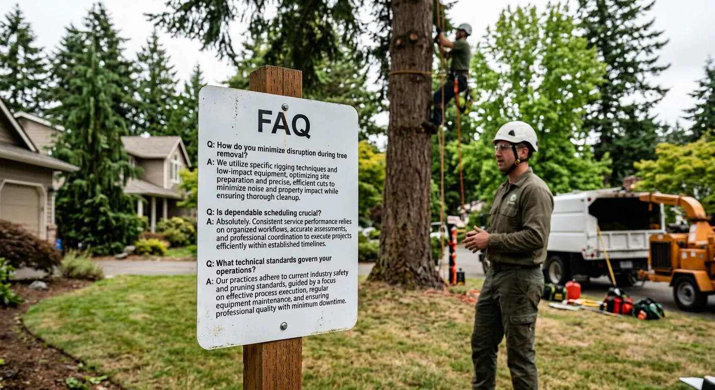 Arborist assessing a storm-damaged tree leaning over a Shoreline home driveway