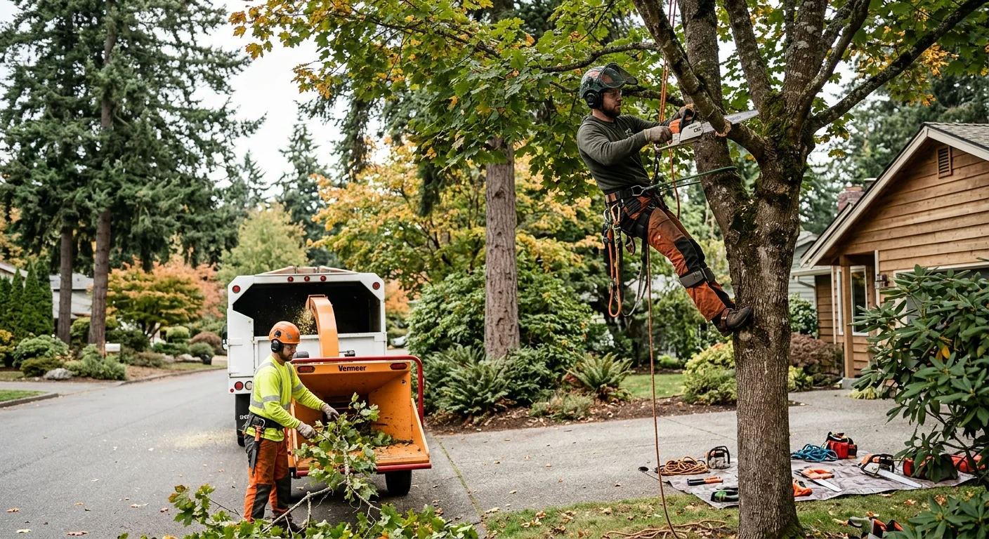 Tree crew stabilizing a storm-damaged tree during emergency response in Shoreline
