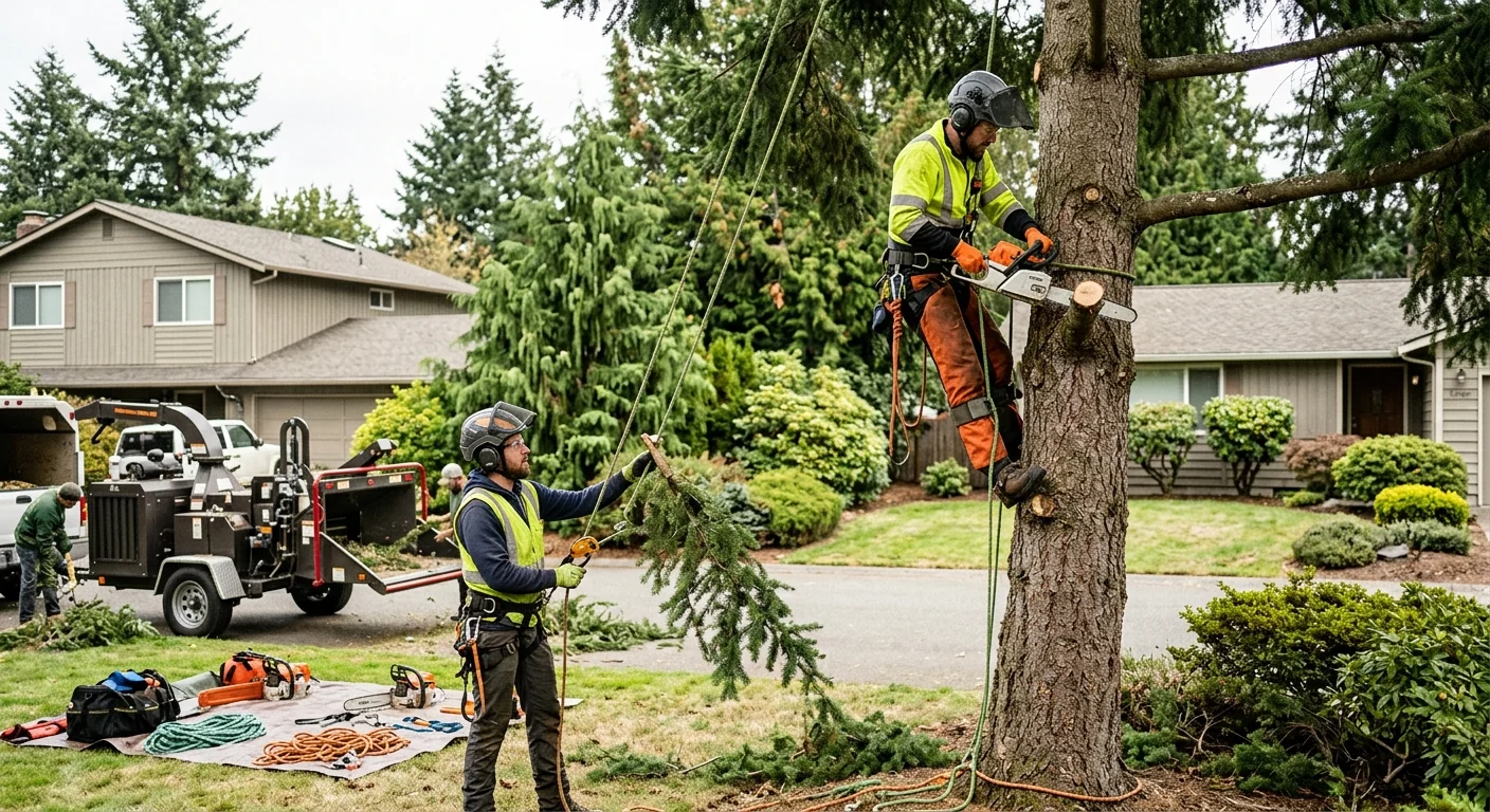 Crane positioned to remove a decayed hazardous tree beside a Shoreline house
