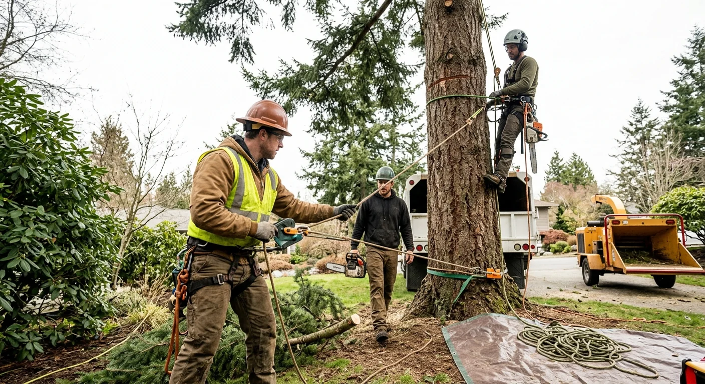 Certified crew inspecting a leaning hazardous tree near a Shoreline home before removal