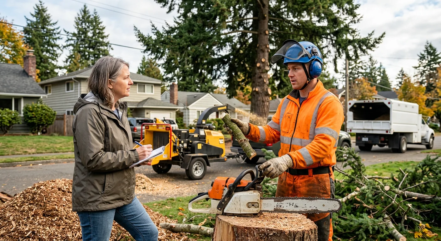 Certified arborist inspecting a leaning hazardous tree near a Shoreline home