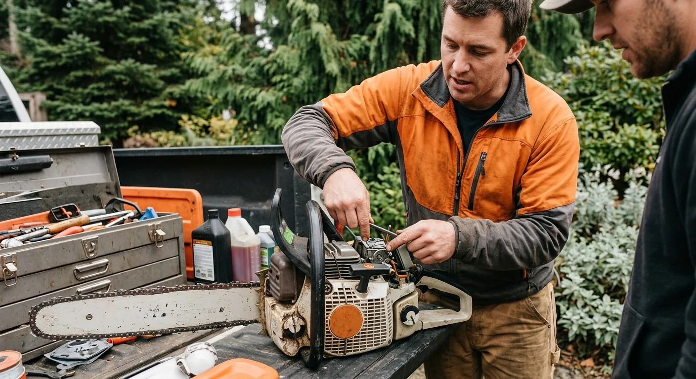Arborist inspecting root collar decay and fungal conks on a hazardous tree
