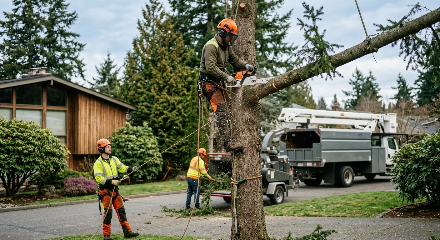 Certified crew performing controlled hazardous tree removal in a Shoreline residential yard