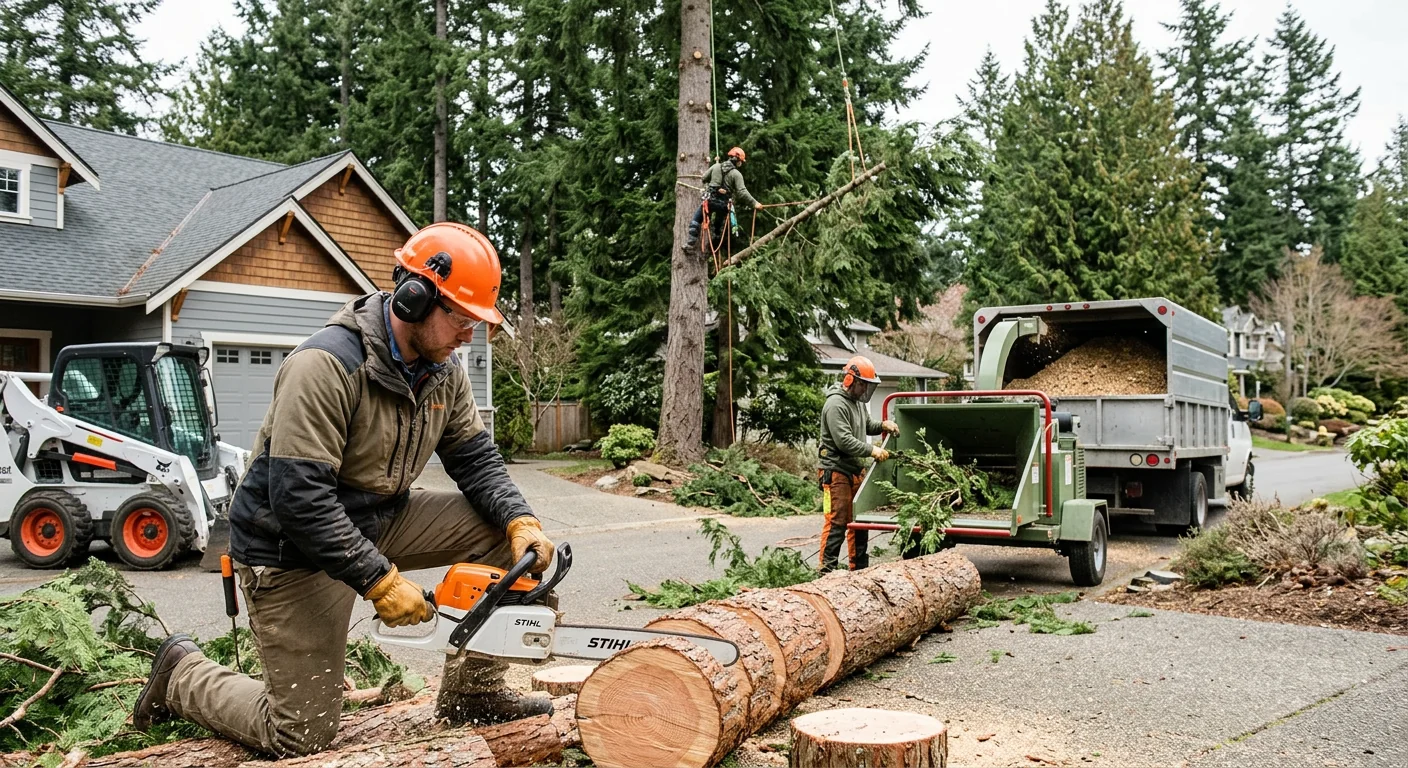 Land clearing equipment measuring a wooded residential parcel in Shoreline