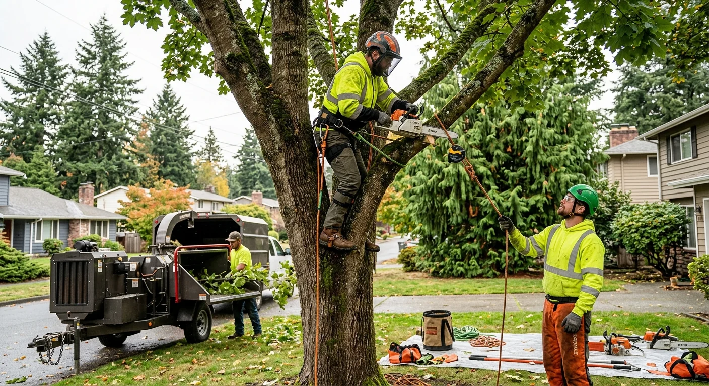Crew sectioning a large storm-toppled trunk in a Shoreline backyard