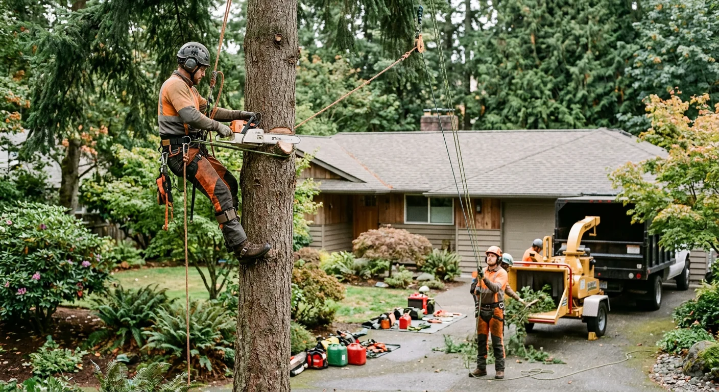 Arborist clearing fallen storm-damaged tree limbs from a Shoreline residential yard