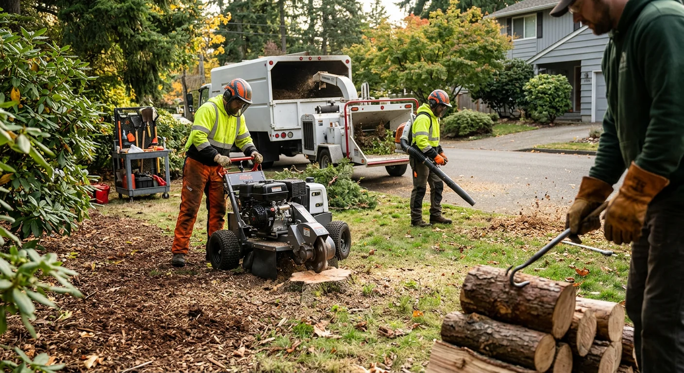 Arborist assessing storm-downed limbs across a residential yard after heavy winds