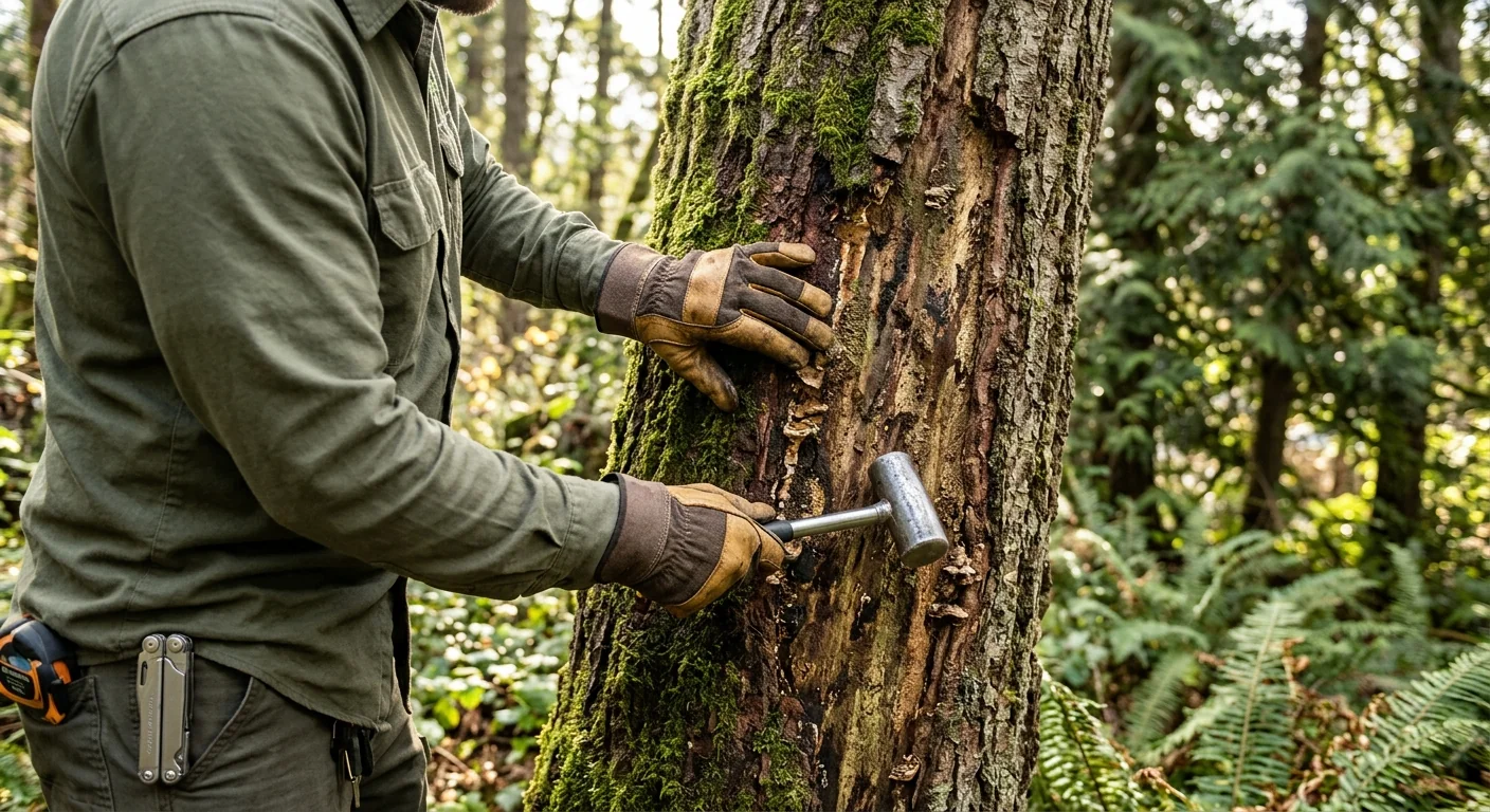 Arborist inspecting split trunk union on a storm-damaged tree