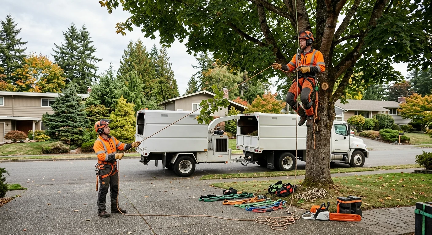 Crew clearing storm-damaged tree limbs from a Shoreline residential yard after high winds