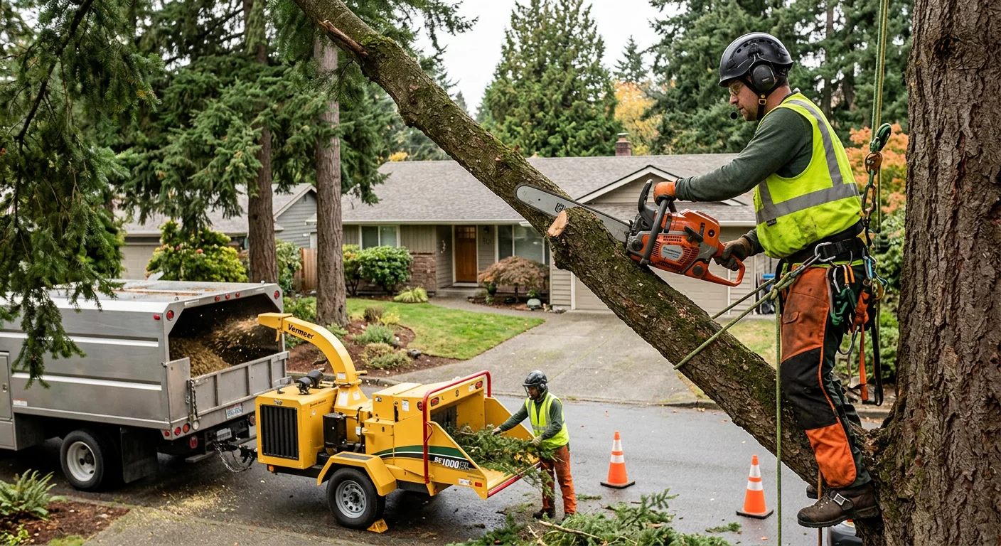 Technician measuring stump diameter to prepare a written grinding estimate in Shoreline