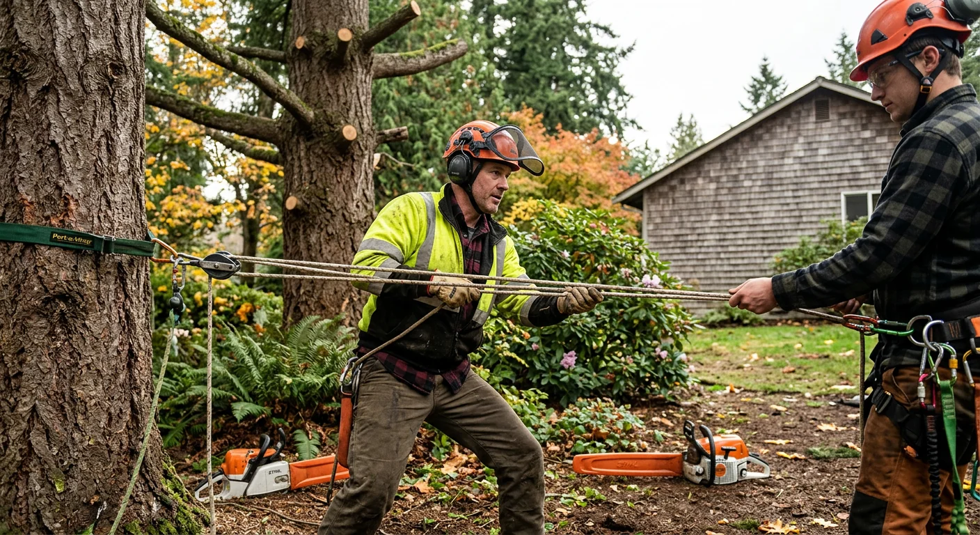 Professional operator running a stump grinder in a Shoreline residential yard