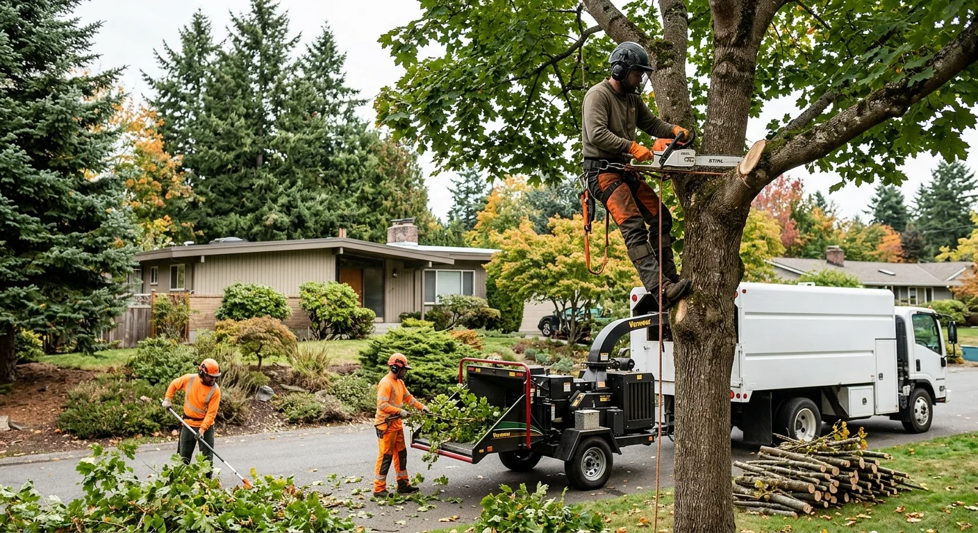Operator using a stump grinder to remove a stump in a Shoreline yard