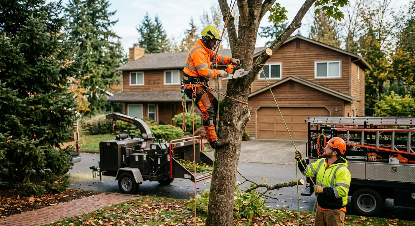 Technician measuring branch union spacing to estimate cabling costs on a Shoreline tree