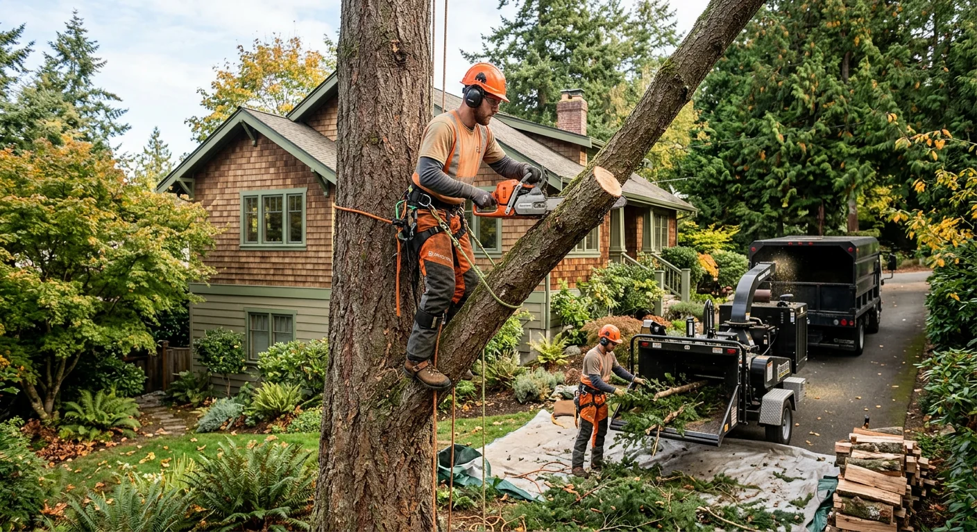 Arborist installing cabling hardware in a mature tree canopy in Shoreline