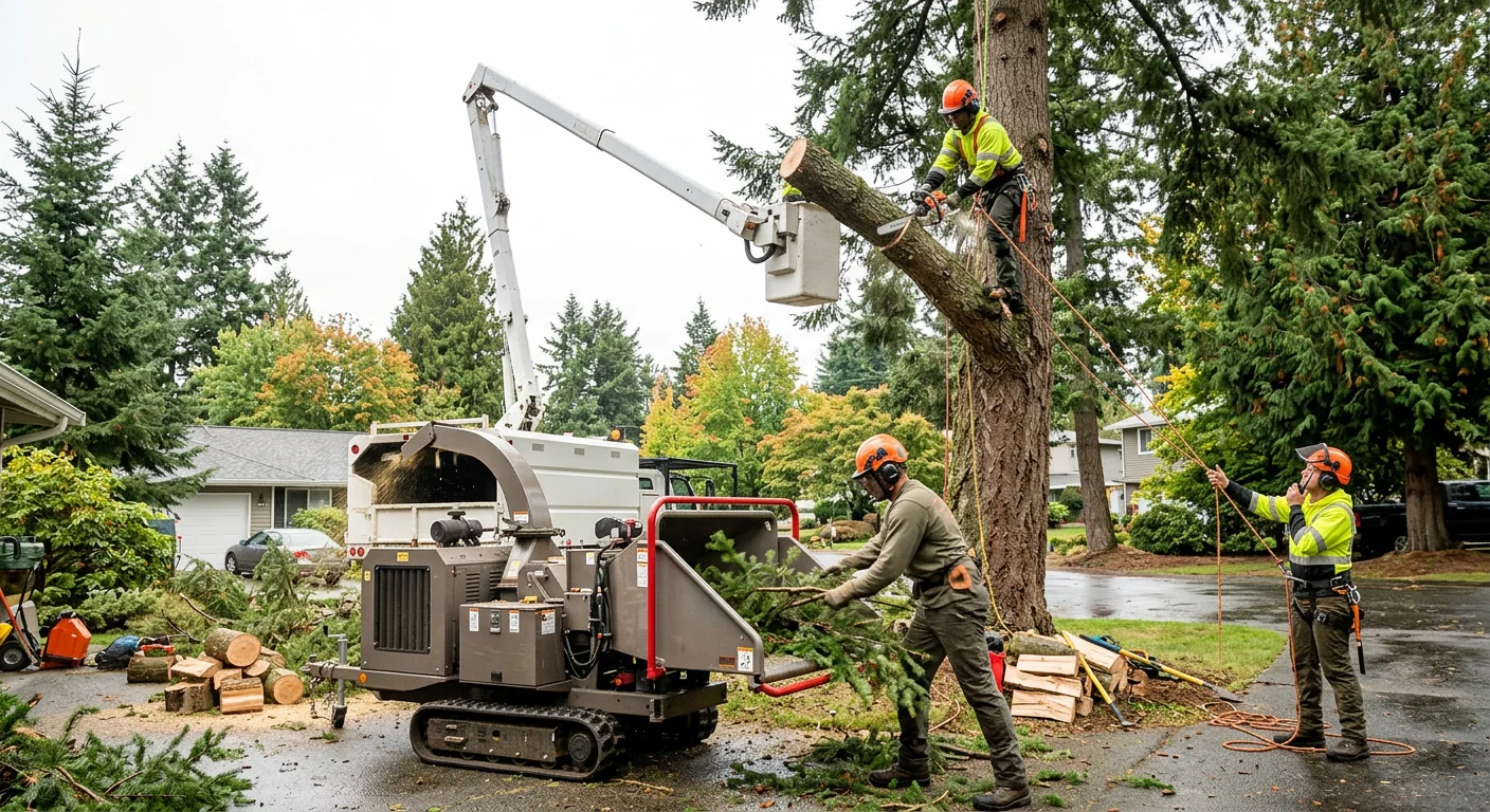 Arborist installing steel cable support system in a mature Shoreline shade tree