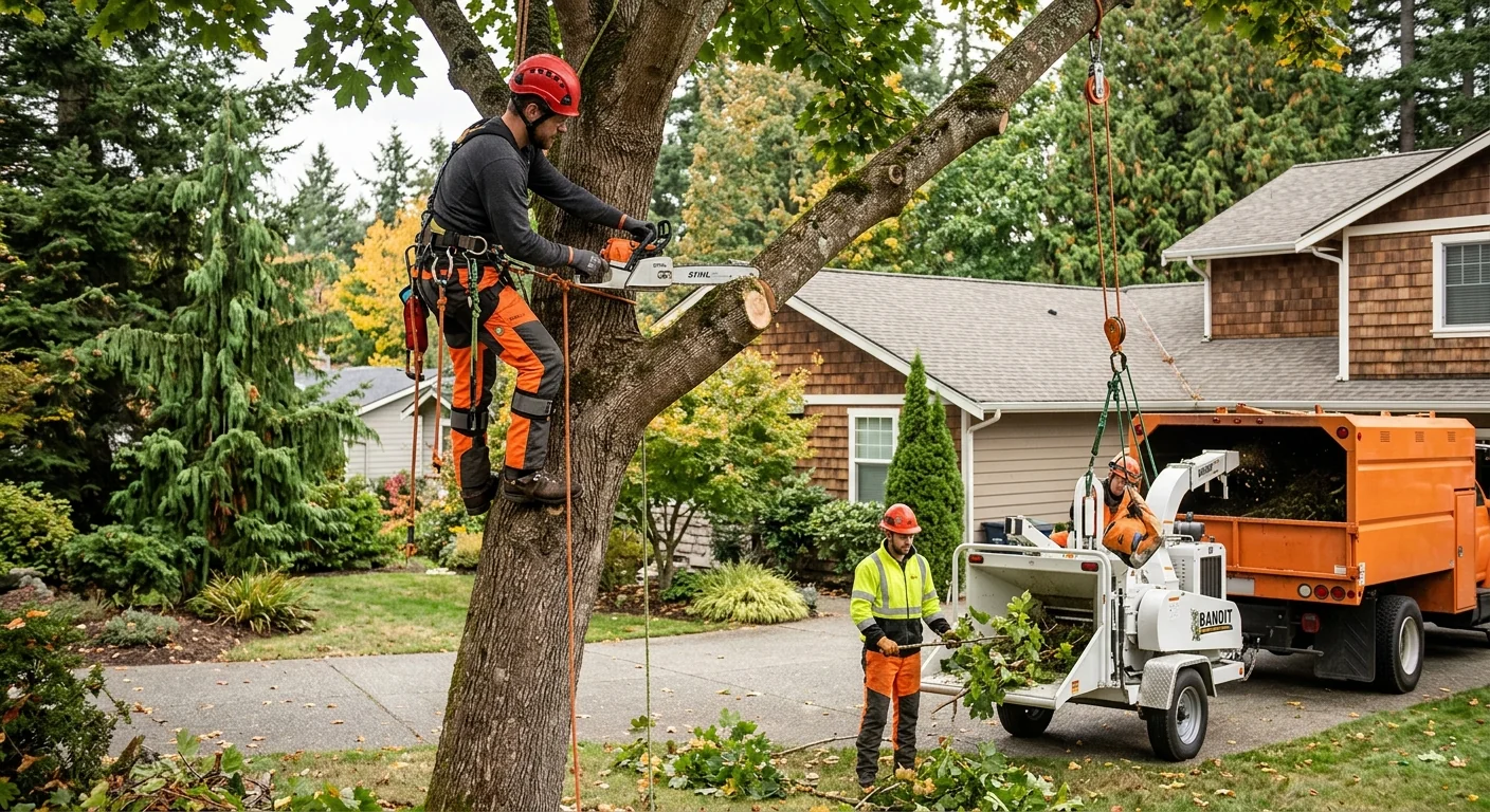 Arborist installing steel cabling hardware in a mature shade tree in Shoreline