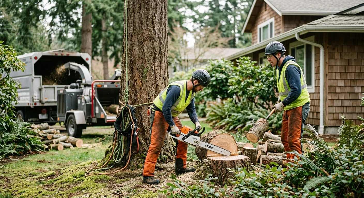 Arborist reviewing tree health treatment estimate with homeowner in Shoreline yard