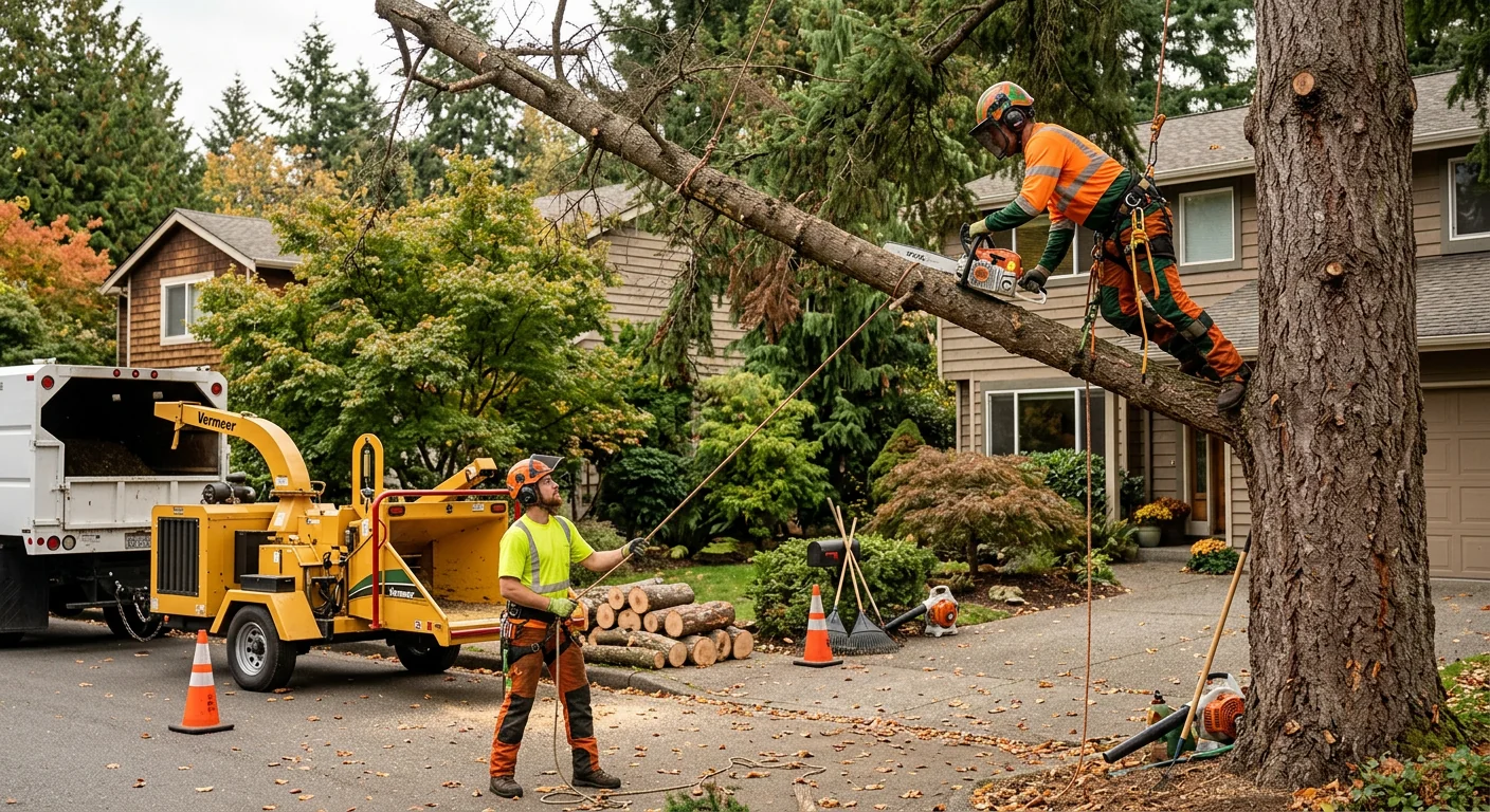 Arborist inspecting tree canopy health during a maintenance visit in Shoreline