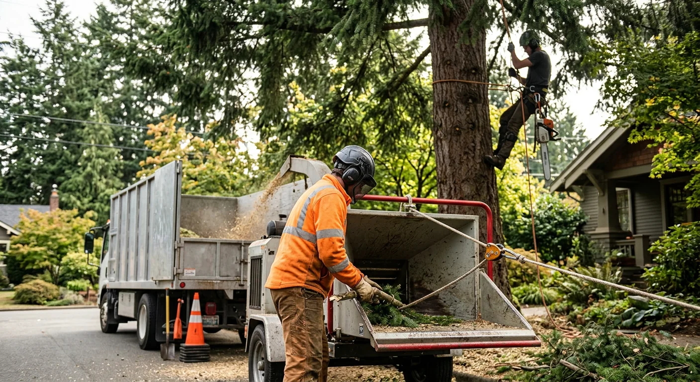 Arborist inspecting tree canopy and trunk health on a residential Shoreline property