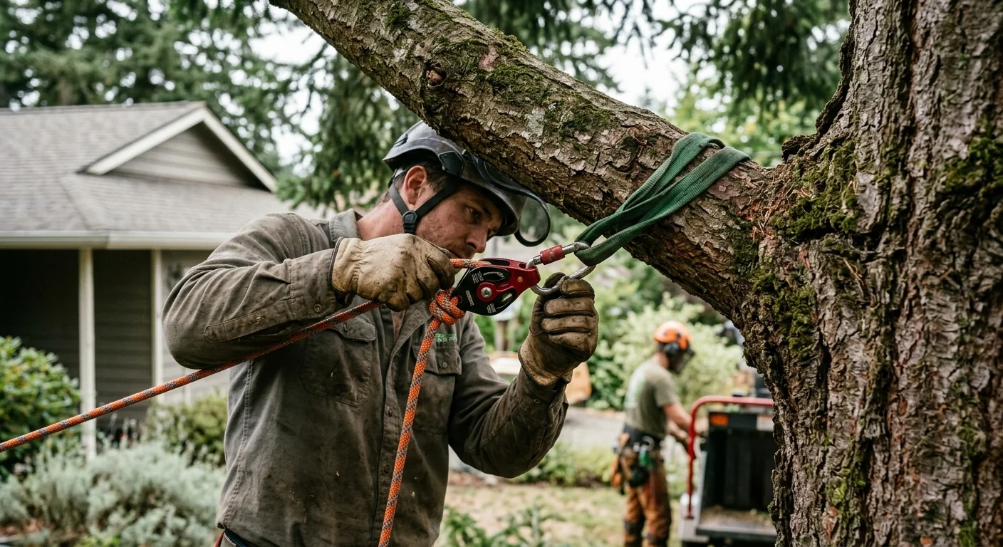 Arborist examining root collar decay and fungal growth on a mature tree