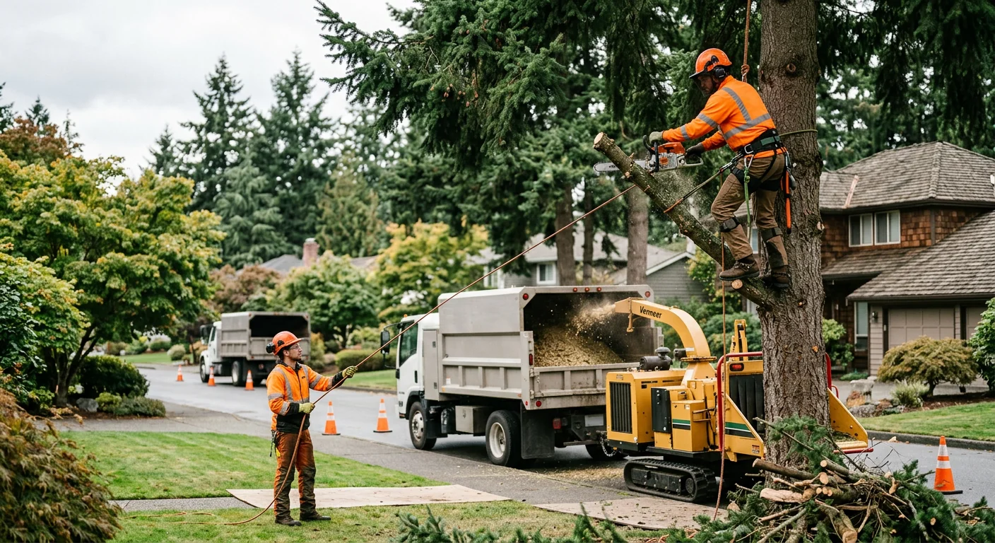 Arborist inspecting tree canopy health during scheduled maintenance visit in Shoreline