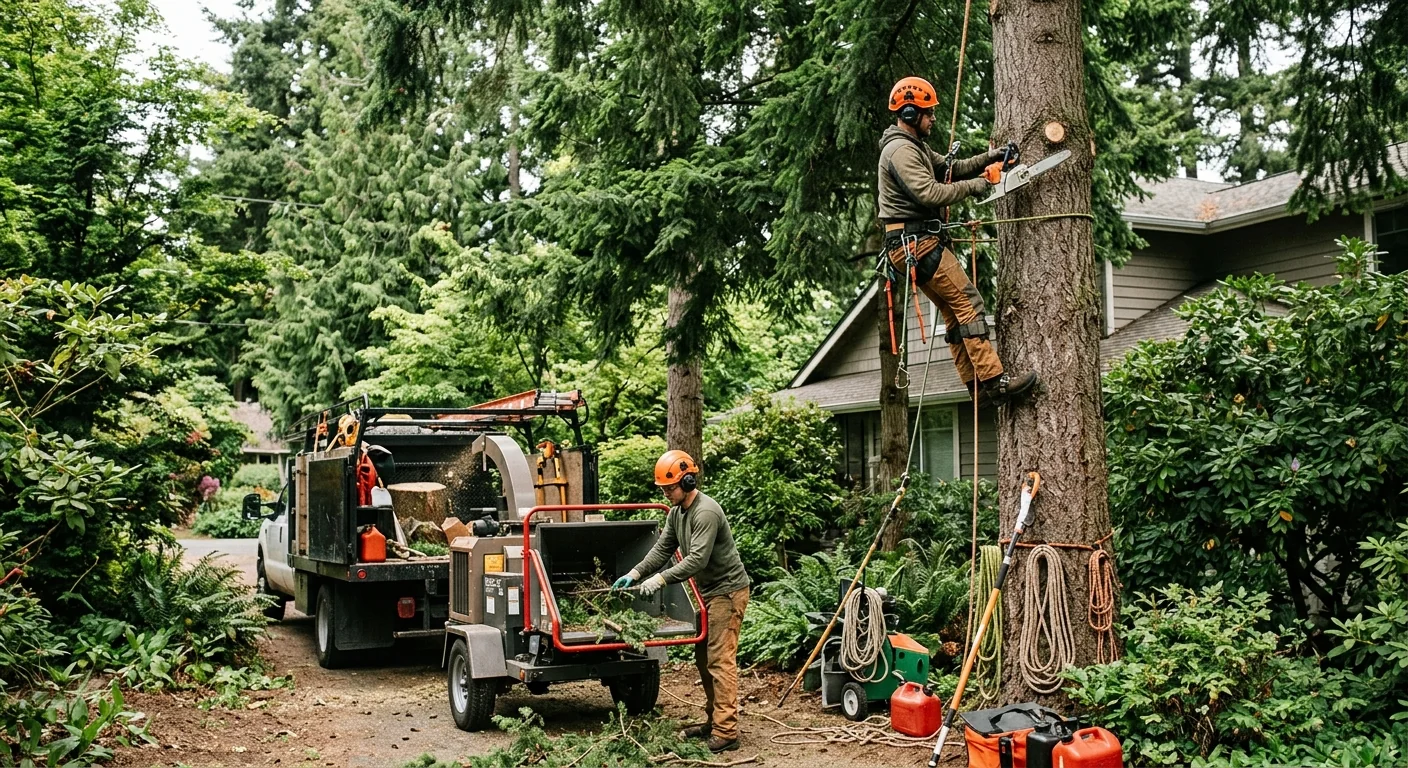 Arborist positioning a young tree in a prepared planting hole in a Shoreline yard