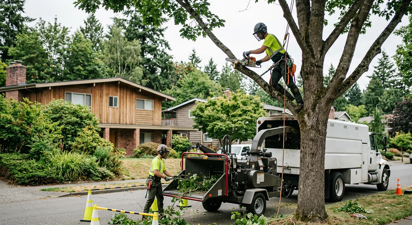Crew planting a young tree with proper root flare depth in a Shoreline yard