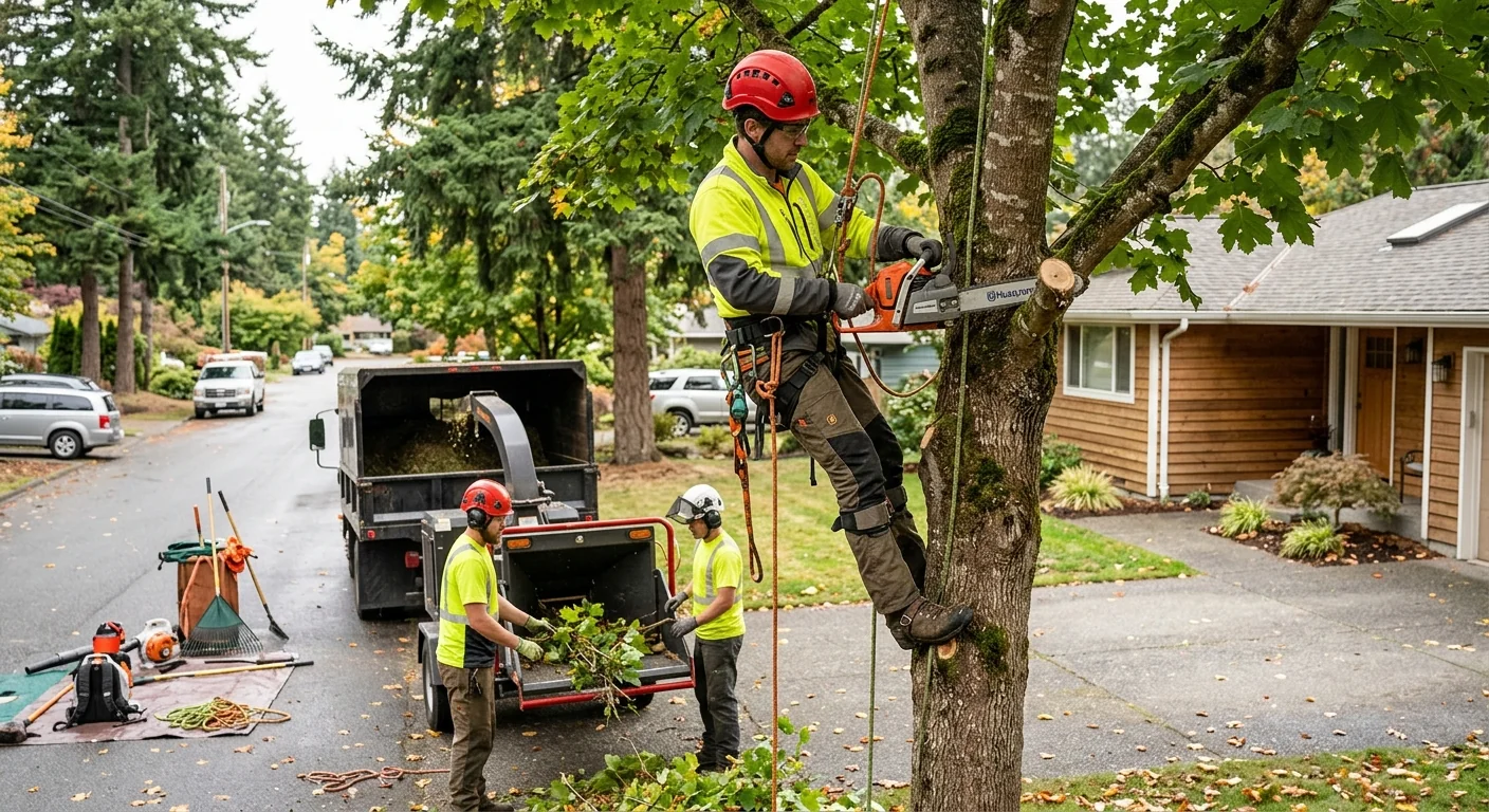 Certified arborist pruning mature tree canopy in a Shoreline residential yard