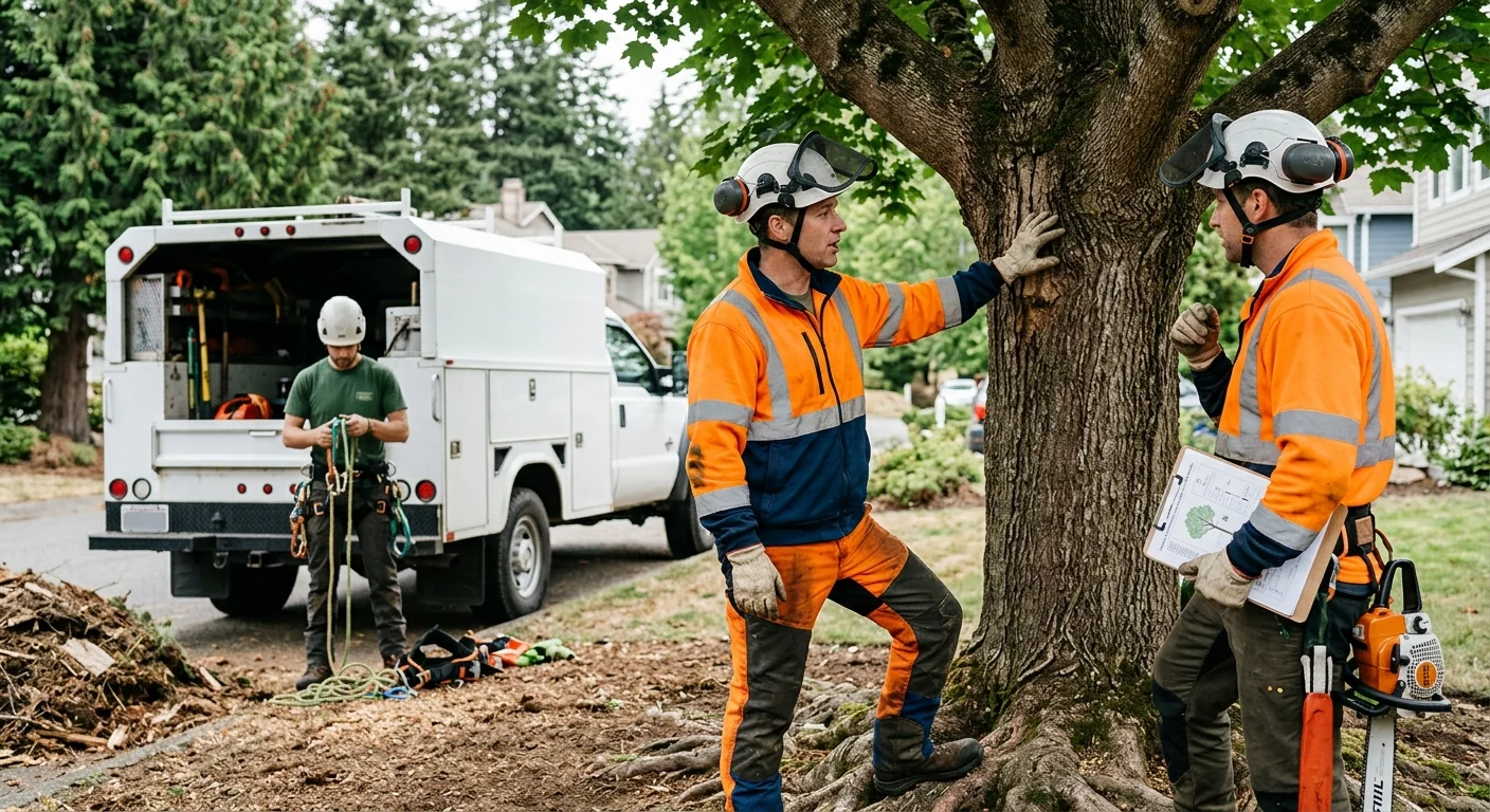 Certified arborist making a reduction cut on a mature tree branch in a residential yard