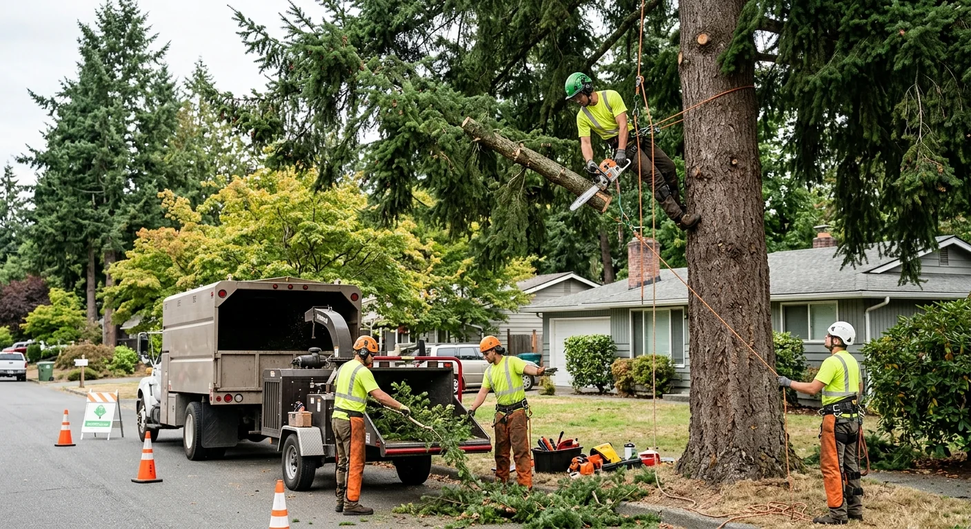 Arborist making a precise pruning cut on a residential tree canopy in Shoreline