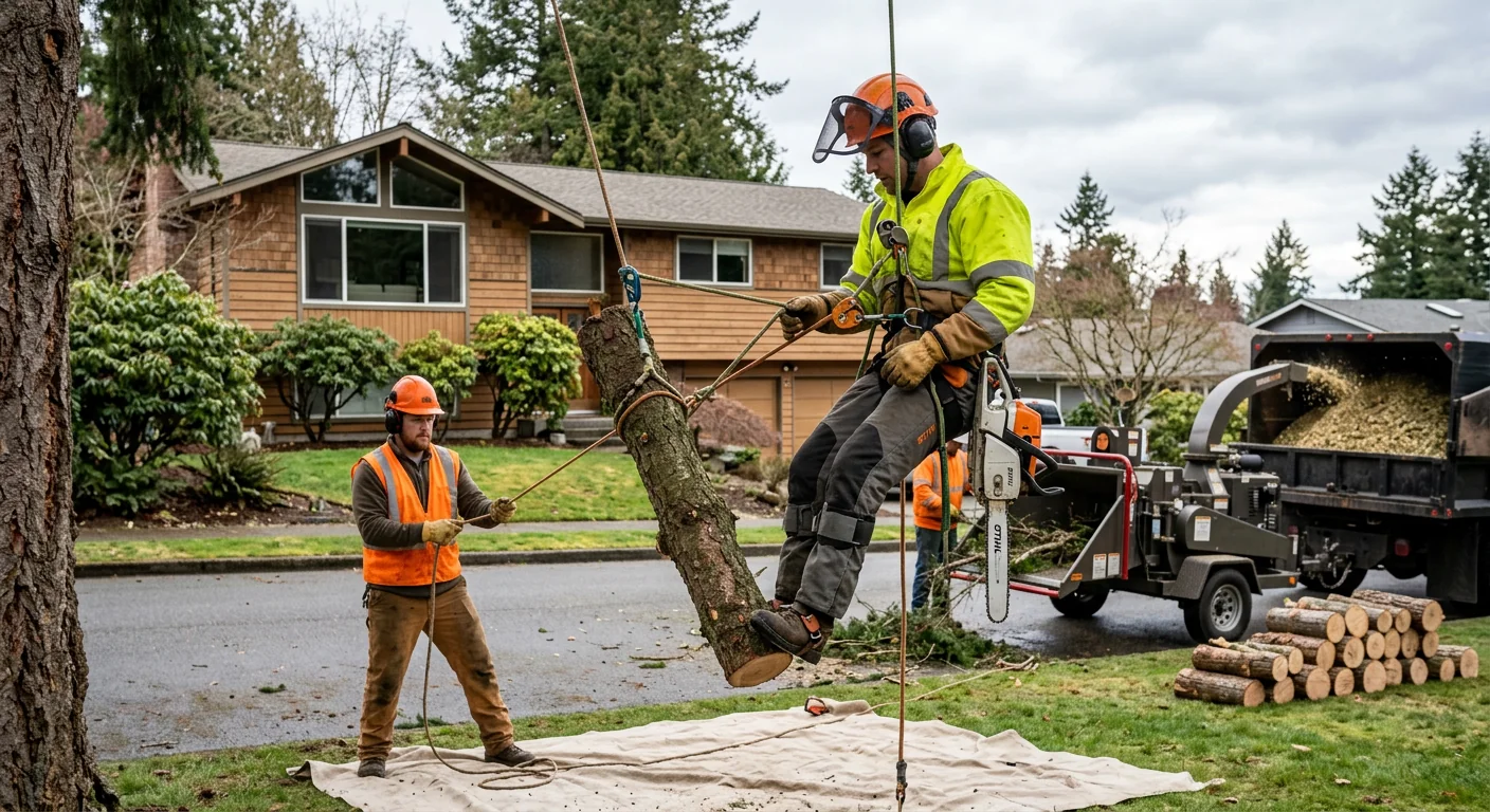 Crew assessing a large tree near a Shoreline home to prepare a removal estimate