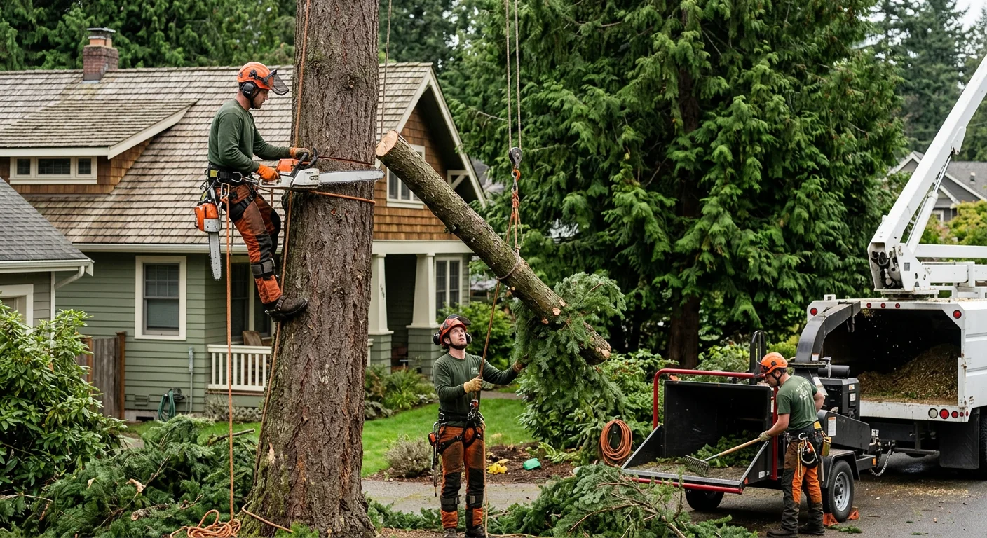 Certified crew preparing rigging equipment for a tree removal in Shoreline