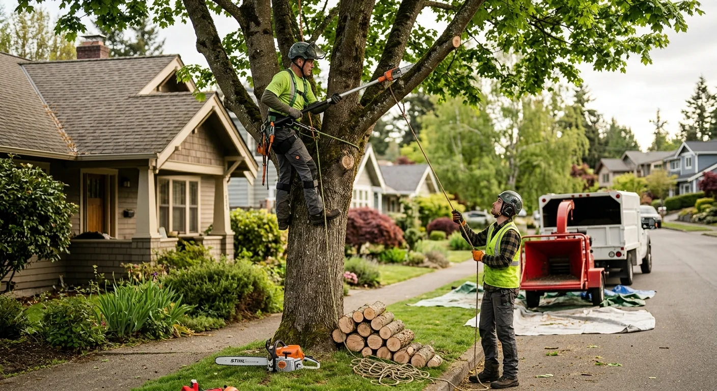 Arborist reviewing a removal plan beside a large conifer in a Shoreline yard