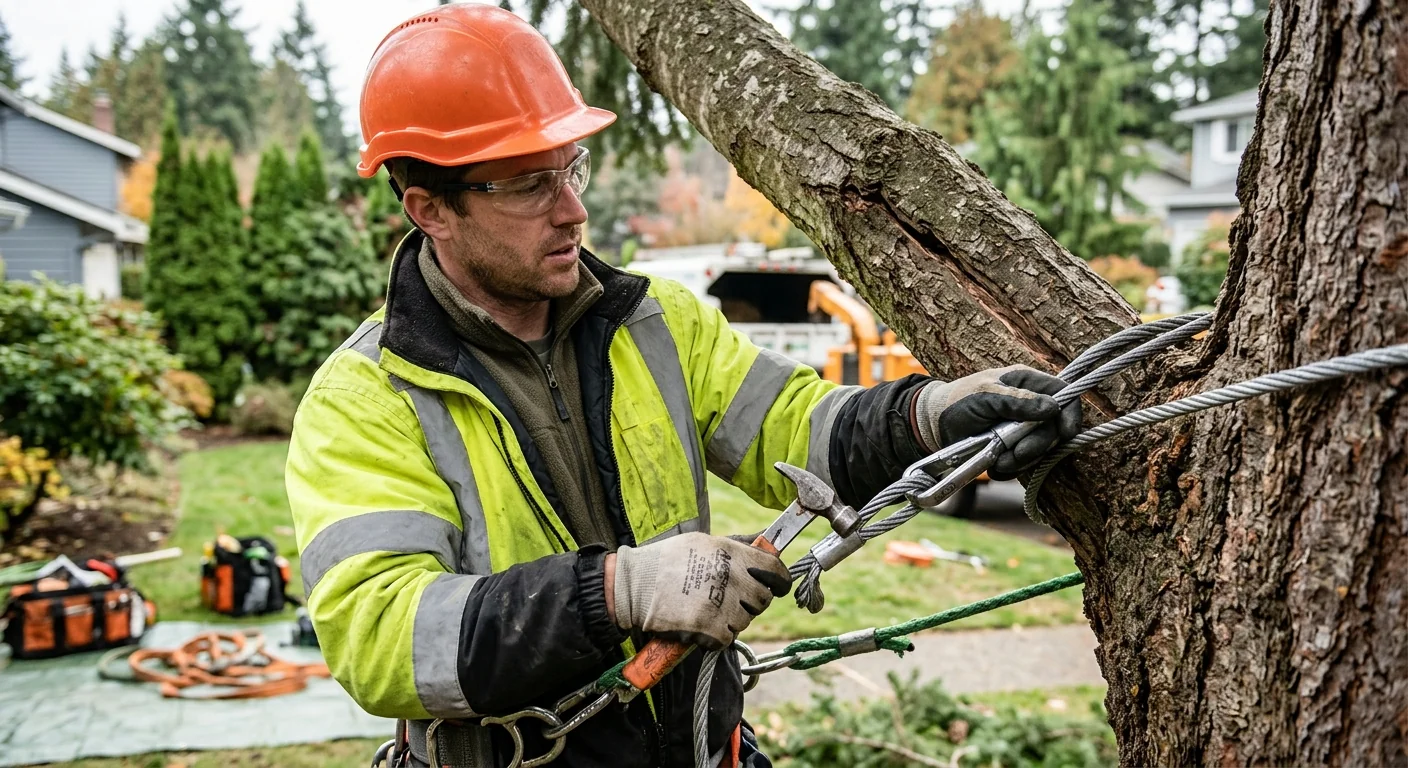 Arborist inspecting root plate instability before a Shoreline tree removal