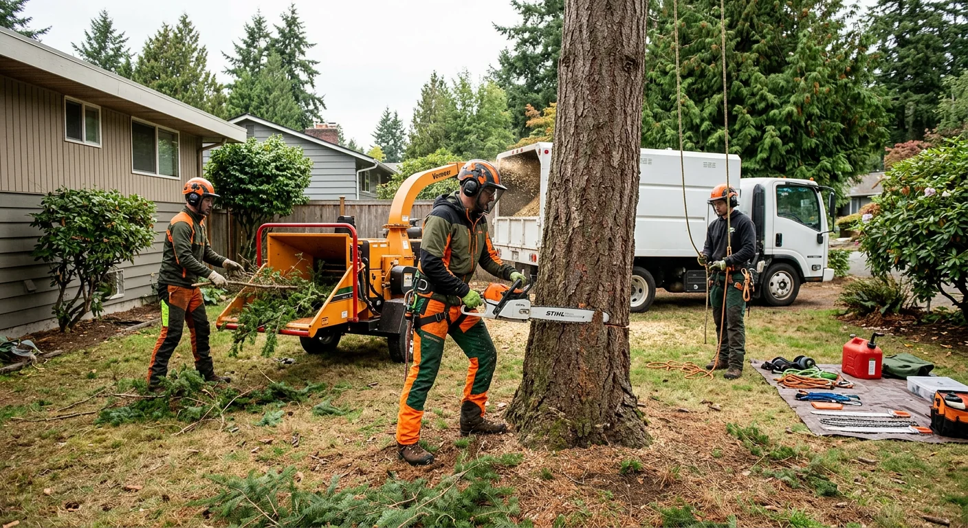 Certified climbing crew performing sectional tree removal on a tight Shoreline residential lot
