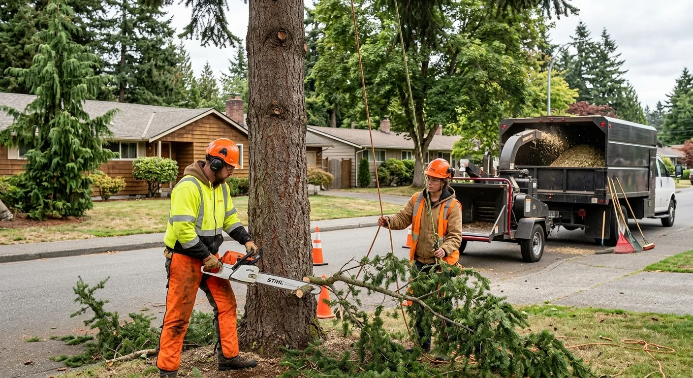 Arborist inspecting a mature tree trunk during a Shoreline risk assessment visit