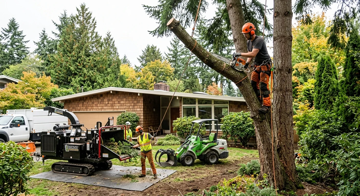 Arborist inspecting a mature tree for structural defects during a Shoreline risk assessment