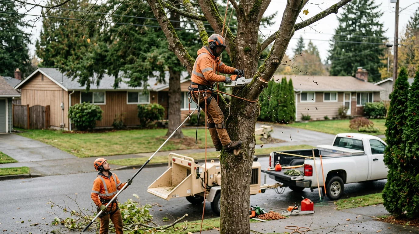 Crew coordinating rigging and equipment during a controlled tree removal in Shoreline