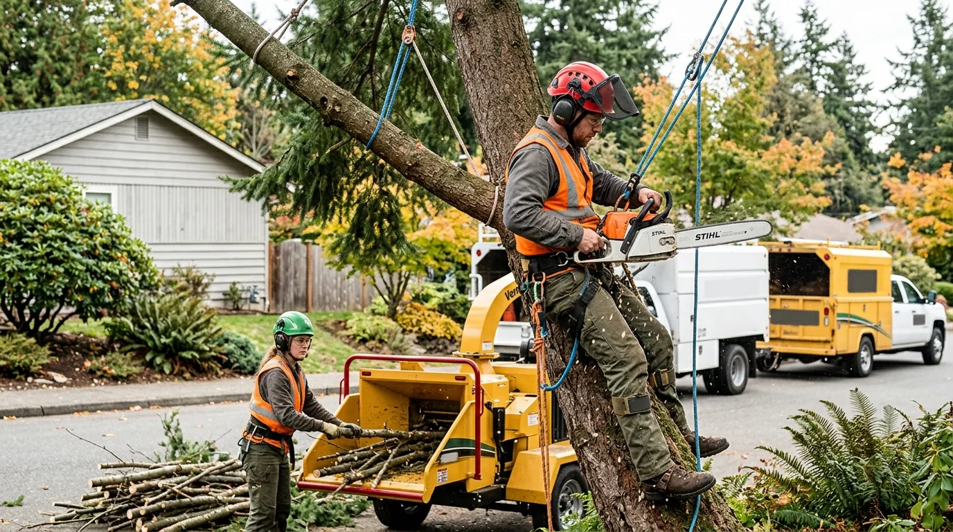 Arborist assessing a tall conifer canopy on a Shoreline residential property