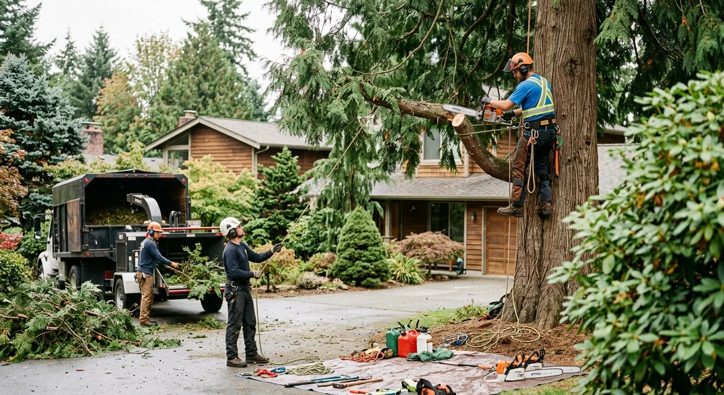 Technician reviewing a written estimate with a homeowner beside a cleared Shoreline yard