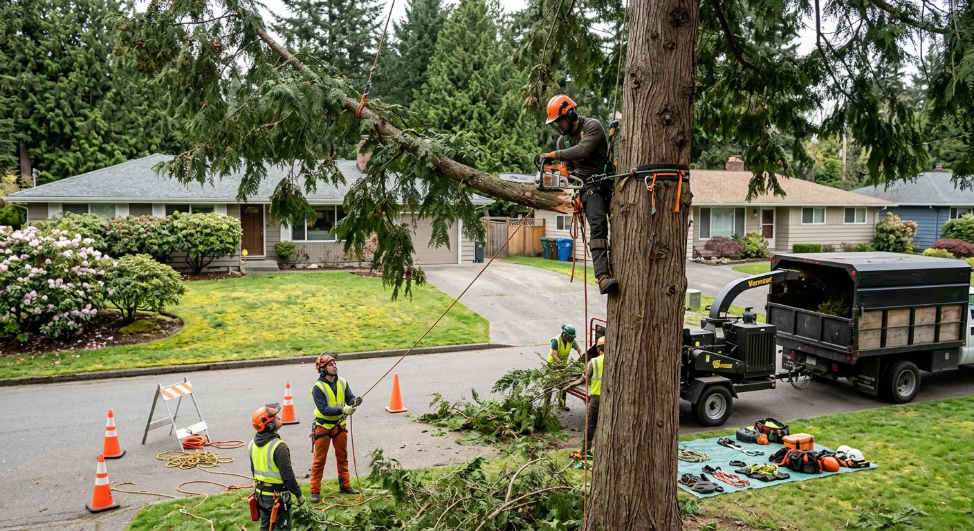 Tree service crew preparing equipment for a residential job in Shoreline